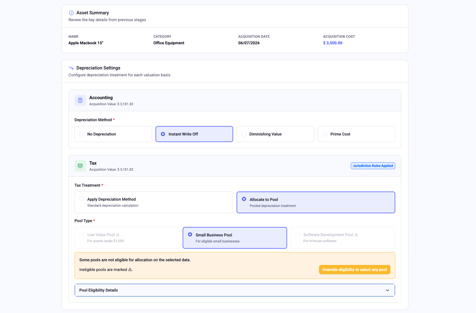 Dwindle depreciation settings applying jurisdiction rules automatically